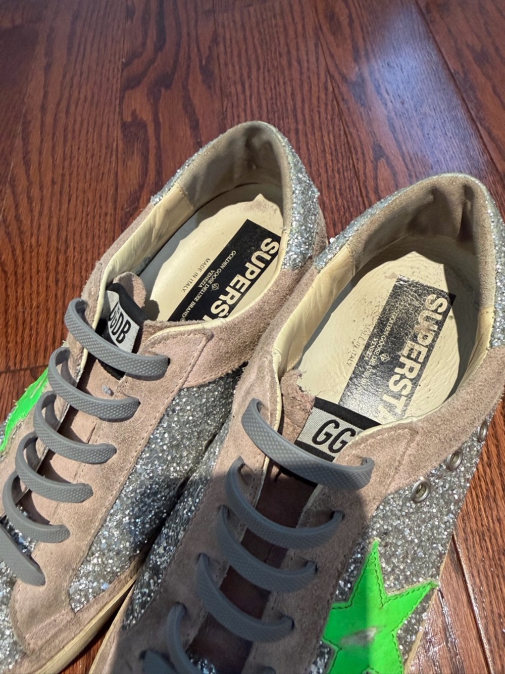 Golden Goose Silver Glitter Sneakers with Neon Green Star - Picture 9 of 11